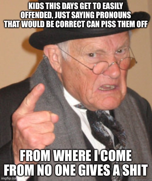 this is an insult to the lgbtq community with pronouns shit | KIDS THIS DAYS GET TO EASILY OFFENDED, JUST SAYING PRONOUNS THAT WOULD BE CORRECT CAN PISS THEM OFF; FROM WHERE I COME FROM NO ONE GIVES A SHIT | image tagged in memes,back in my day | made w/ Imgflip meme maker