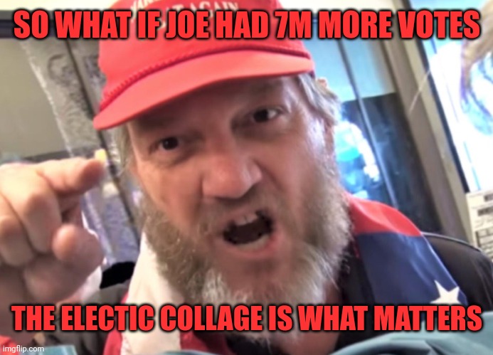 Angry Trumper MAGA White Supremacist | SO WHAT IF JOE HAD 7M MORE VOTES; THE ELECTIC COLLAGE IS WHAT MATTERS | image tagged in angry trumper maga white supremacist | made w/ Imgflip meme maker