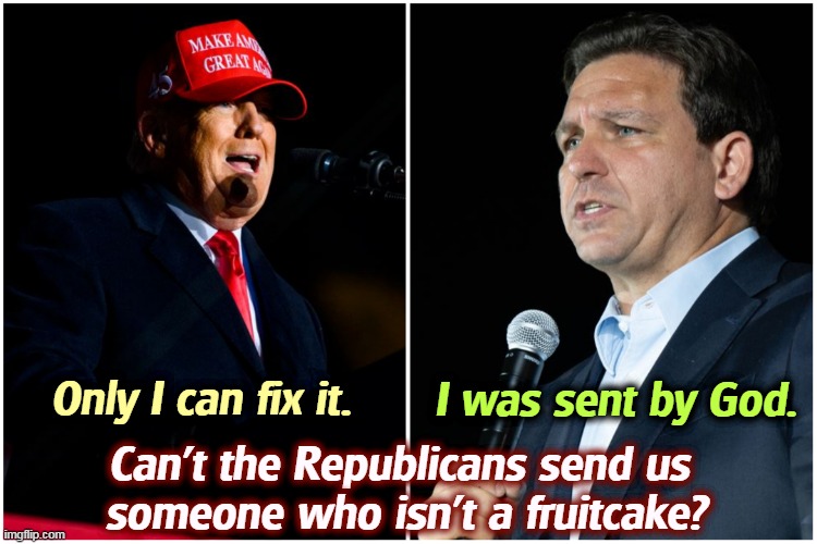 I was sent by God. Only I can fix it. Can't the Republicans send us 
someone who isn't a fruitcake? | image tagged in trump,desantis,crazy,fruitcake | made w/ Imgflip meme maker