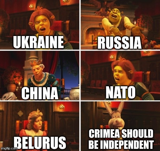 Russia | UKRAINE; RUSSIA; NATO; CHINA; CRIMEA SHOULD BE INDEPENDENT; BELURUS | image tagged in shrek fiona harold donkey,russia | made w/ Imgflip meme maker