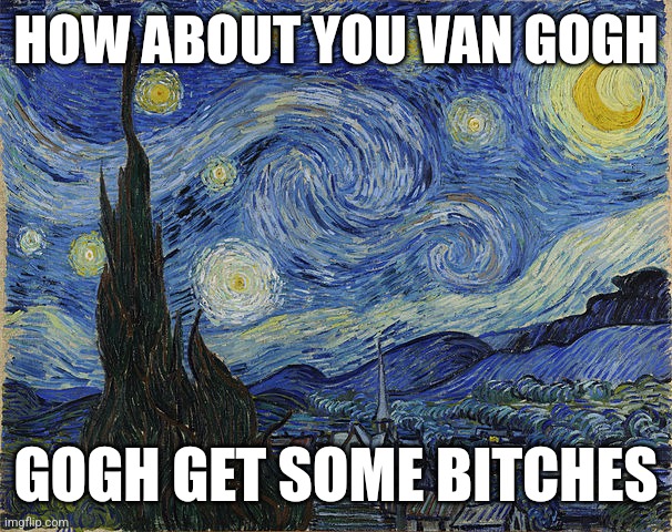 Rhiekf | HOW ABOUT YOU VAN GOGH; GOGH GET SOME BITCHES | image tagged in van gogh - starry night - google art project by vincent van go | made w/ Imgflip meme maker