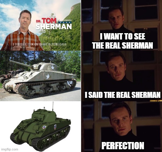 The Sherman Perfection | I WANT TO SEE THE REAL SHERMAN; I SAID THE REAL SHERMAN; PERFECTION | image tagged in perfection,girls und panzer | made w/ Imgflip meme maker