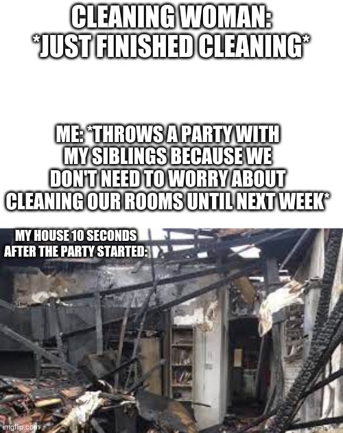 What will mom say? | CLEANING WOMAN: *JUST FINISHED CLEANING*; ME: *THROWS A PARTY WITH MY SIBLINGS BECAUSE WE DON'T NEED TO WORRY ABOUT CLEANING OUR ROOMS UNTIL NEXT WEEK*; MY HOUSE 10 SECONDS AFTER THE PARTY STARTED: | image tagged in humor | made w/ Imgflip meme maker