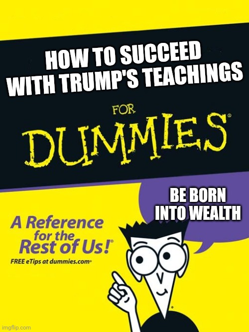 Trump U | HOW TO SUCCEED WITH TRUMP'S TEACHINGS; BE BORN INTO WEALTH | image tagged in for dummies book | made w/ Imgflip meme maker