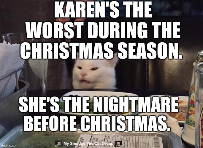 KAREN'S THE WORST DURING THE CHRISTMAS SEASON. SHE'S THE NIGHTMARE BEFORE CHRISTMAS. | image tagged in smudge the cat | made w/ Imgflip meme maker