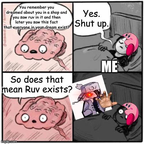So ruv EXISTS?! | You remember you dreamed about you in a shop and you saw ruv in it and then later you saw this fact that everyone in your dream exist? Yes. Shut up. ME; So does that mean Ruv exists? | image tagged in brain before sleep,reniita,kirby,fnf,ruv | made w/ Imgflip meme maker