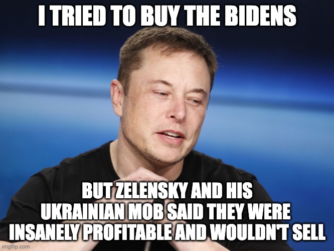 Biden should be charged with treason ... with the appropriate punishment. | I TRIED TO BUY THE BIDENS; BUT ZELENSKY AND HIS UKRAINIAN MOB SAID THEY WERE 
INSANELY PROFITABLE AND WOULDN'T SELL | image tagged in elon musk responding,biden corruption,government corruption,ukraine is a money pit | made w/ Imgflip meme maker