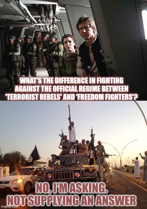 What's the main difference between terrorist rebels and freedom fighters? | WHAT'S THE DIFFERENCE IN FIGHTING AGAINST THE OFFICIAL REGIME BETWEEN 'TERRORIST REBELS' AND 'FREEDOM FIGHTERS'? NO, I'M ASKING.
NOT SUPPLYING AN ANSWER | image tagged in comparison,freedom,fighting,terrorism,star wars,isis | made w/ Imgflip meme maker