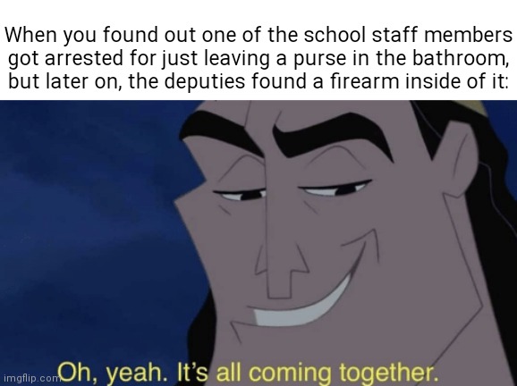 Firearm | When you found out one of the school staff members got arrested for just leaving a purse in the bathroom, but later on, the deputies found a | image tagged in it's all coming together,memes,meme,firearm,school,purse | made w/ Imgflip meme maker