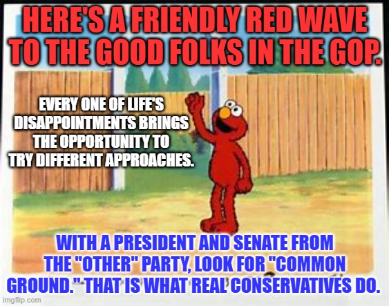 Most companies would "re-brand," themselves, after two "losing," sales campaigns. | HERE'S A FRIENDLY RED WAVE TO THE GOOD FOLKS IN THE GOP. EVERY ONE OF LIFE'S DISAPPOINTMENTS BRINGS THE OPPORTUNITY TO TRY DIFFERENT APPROACHES. WITH A PRESIDENT AND SENATE FROM THE "OTHER" PARTY, LOOK FOR "COMMON GROUND." THAT IS WHAT REAL CONSERVATIVES DO. | image tagged in politics | made w/ Imgflip meme maker