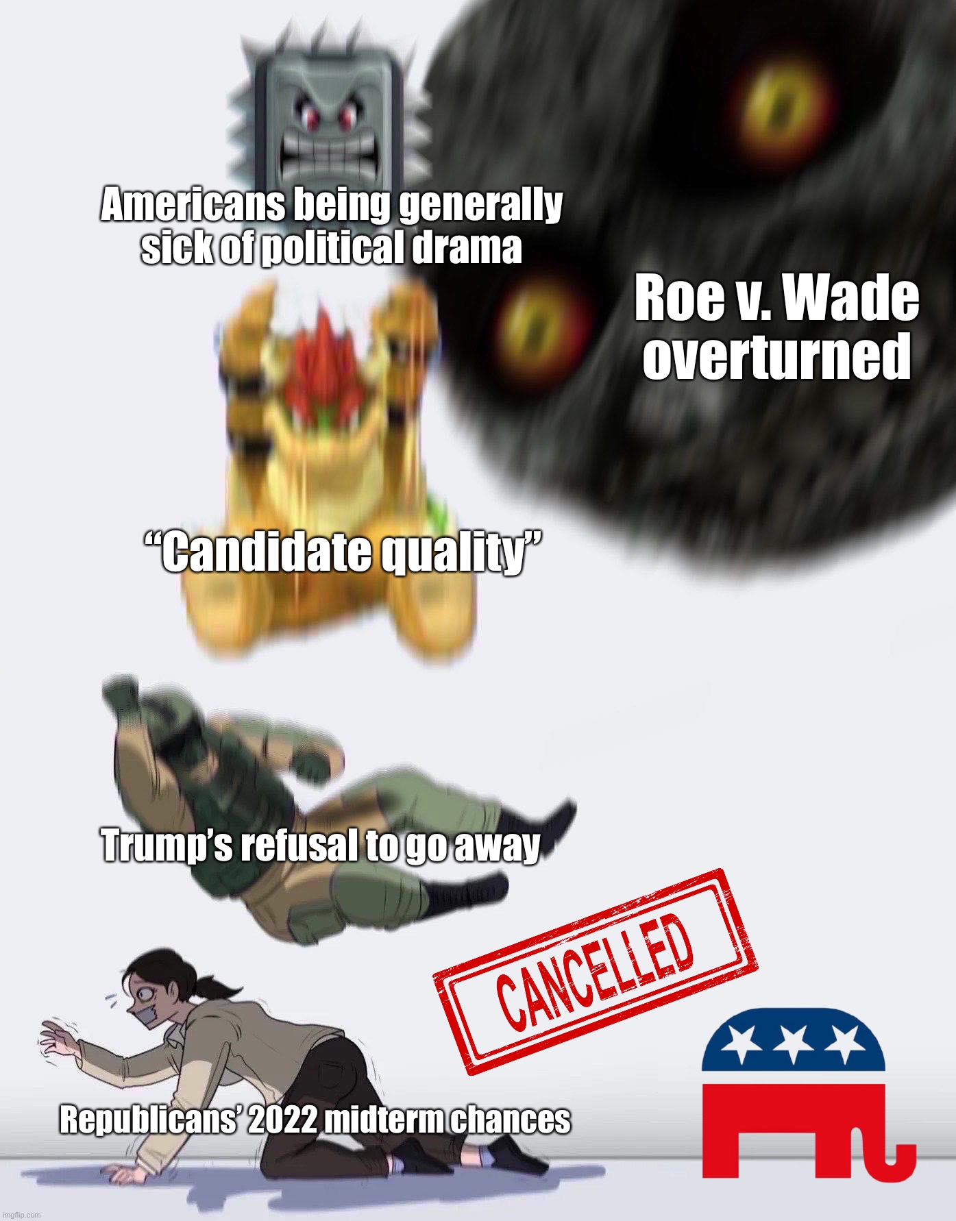 The crushing combo that finished Republicans in 2022. | Americans being generally sick of political drama; Roe v. Wade overturned; “Candidate quality”; Trump’s refusal to go away; Republicans’ 2022 midterm chances | image tagged in crushing combo | made w/ Imgflip meme maker
