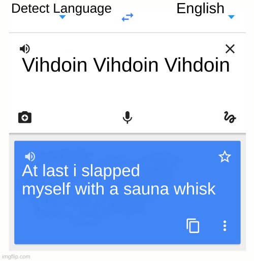 it actually works lol | Detect Language; English; Vihdoin Vihdoin Vihdoin; At last i slapped myself with a sauna whisk | image tagged in google translate | made w/ Imgflip meme maker