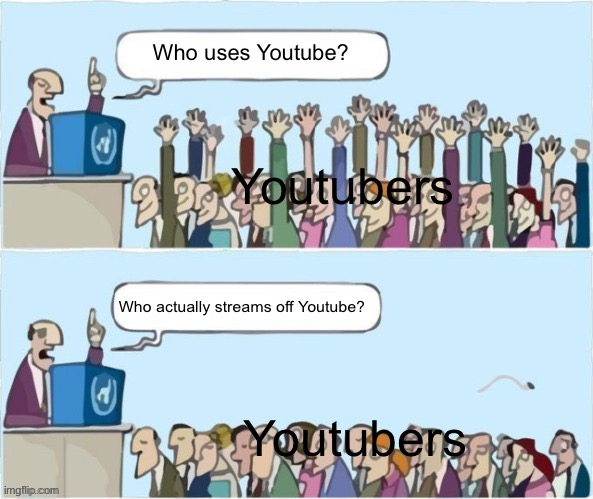 jitter.television |  Who uses Youtube? Youtubers; Who actually streams off Youtube? Youtubers | image tagged in people raising hands,youtube,youtuber,youtubers,streamer,twitch | made w/ Imgflip meme maker