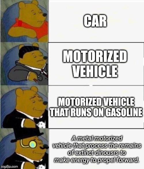 A cars evaluation |  CAR; MOTORIZED VEHICLE; MOTORIZED VEHICLE THAT RUNS ON GASOLINE; A metal motorized vehicle that process the remains of extinct dinousrs to make energy to propel forward. | image tagged in tuxedo winnie the pooh 4 panel,cars | made w/ Imgflip meme maker