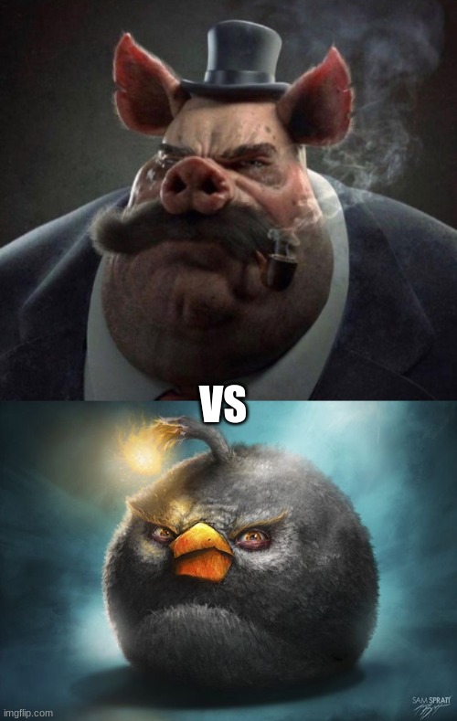 VS | image tagged in hyper realistic picture of a smartly dressed pig smoking a pipe,angry birds bomb | made w/ Imgflip meme maker