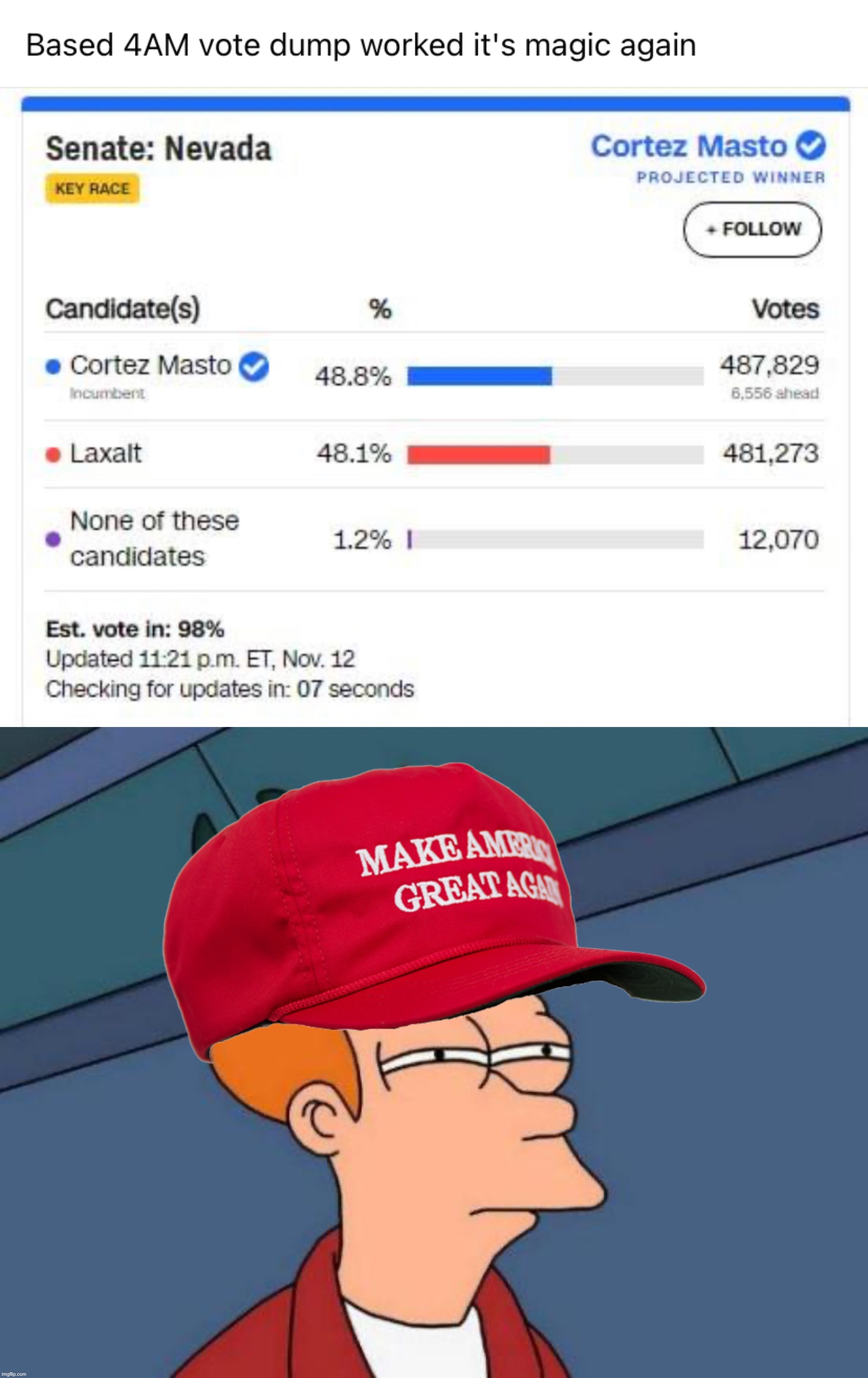 A word of thanks to the bamboo ballots, the Venezuelan hackers, mules, illegals, dead voters — couldn’t have done it without ya | image tagged in democrats win nevada,maga futurama fry,voter fraud,election fraud,midterms,out-of-place futurama fry | made w/ Imgflip meme maker