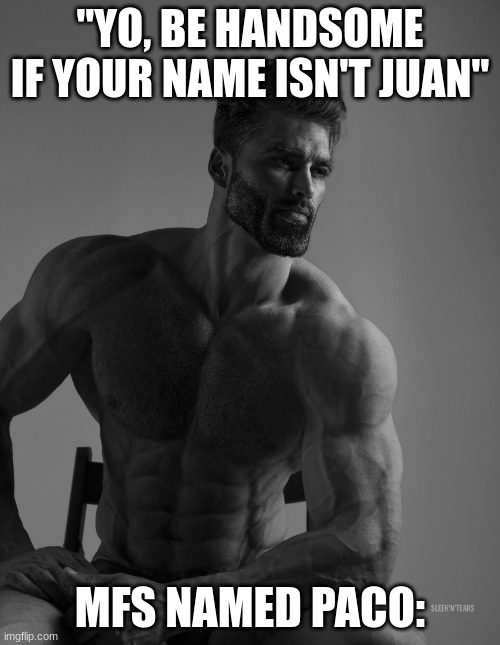 mfs named paco | "YO, BE HANDSOME IF YOUR NAME ISN'T JUAN"; MFS NAMED PACO: | image tagged in giga chad | made w/ Imgflip meme maker