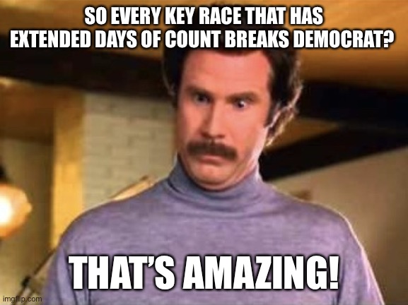 Democrats have entrenched cheating in elections with mail in ballots | SO EVERY KEY RACE THAT HAS EXTENDED DAYS OF COUNT BREAKS DEMOCRAT? THAT’S AMAZING! | image tagged in ron burgandy - that s amazing,split ticket bs,never trust a democrat,election integrity is compromised | made w/ Imgflip meme maker