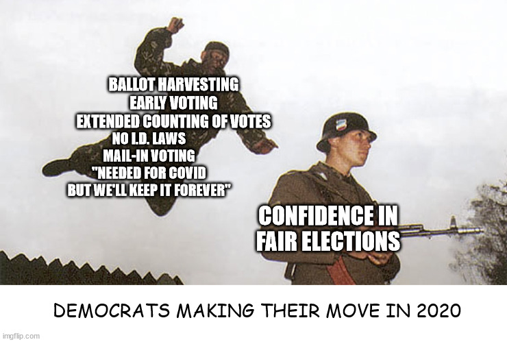 Soldier jump spetznaz | BALLOT HARVESTING
EARLY VOTING
EXTENDED COUNTING OF VOTES; NO I.D. LAWS
MAIL-IN VOTING
"NEEDED FOR COVID
BUT WE'LL KEEP IT FOREVER"; CONFIDENCE IN FAIR ELECTIONS; DEMOCRATS MAKING THEIR MOVE IN 2020 | image tagged in soldier jump spetznaz | made w/ Imgflip meme maker