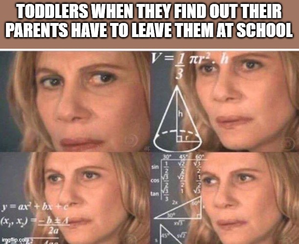 Math lady/Confused lady | TODDLERS WHEN THEY FIND OUT THEIR PARENTS HAVE TO LEAVE THEM AT SCHOOL | image tagged in math lady/confused lady | made w/ Imgflip meme maker