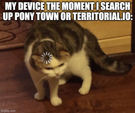 It's takes about two decades for it to run smoothly | MY DEVICE THE MOMENT I SEARCH UP PONY TOWN OR TERRITORIAL.IO: | image tagged in lag cat | made w/ Imgflip meme maker