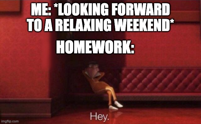 Hey. | ME: *LOOKING FORWARD TO A RELAXING WEEKEND*; HOMEWORK: | image tagged in hey | made w/ Imgflip meme maker