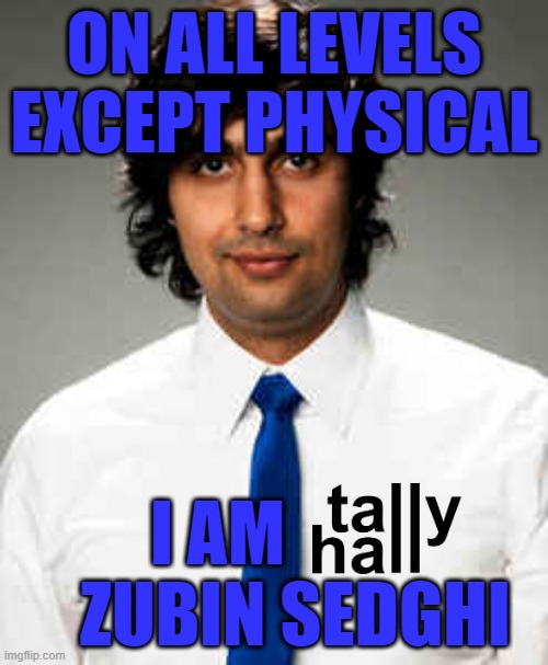 zuby |  ON ALL LEVELS EXCEPT PHYSICAL; I AM            ZUBIN SEDGHI | image tagged in zubin sedghi tally hall,tally hall | made w/ Imgflip meme maker