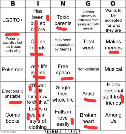 TheSuitedGayWeeb's Bingo | THIS IS A MODERATE ISSUE | image tagged in jer-sama's bingo | made w/ Imgflip meme maker