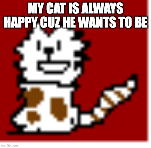 Happy pixel cat | MY CAT IS ALWAYS HAPPY CUZ HE WANTS TO BE | image tagged in happy pixel cat | made w/ Imgflip meme maker