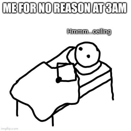 Me at 3 am | ME FOR NO REASON AT 3AM; Hmmm...ceiling | image tagged in bed thinking | made w/ Imgflip meme maker