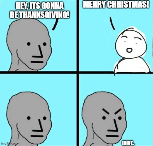 ITS NOT CHRISTMAS, ITS THANKSGIVING!! | MERRY CHRISTMAS! HEY, ITS GONNA BE THANKSGIVING! IDIOT.. | image tagged in npc meme,thanksgiving,christmas,relatable | made w/ Imgflip meme maker