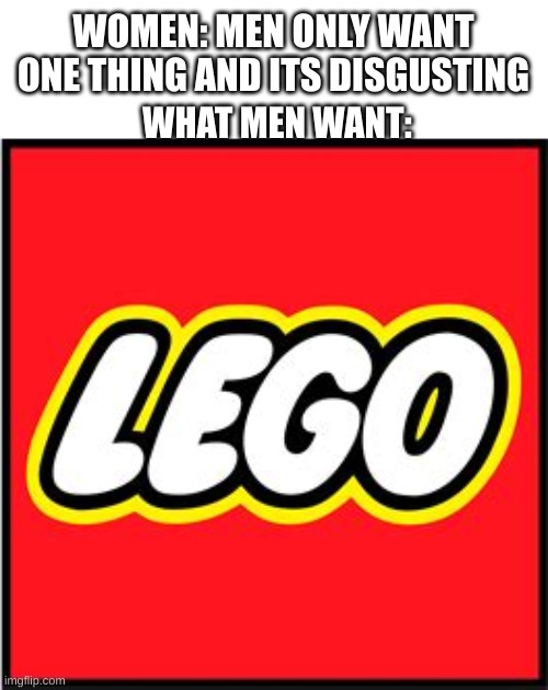 Lego Logo | WOMEN: MEN ONLY WANT ONE THING AND ITS DISGUSTING; WHAT MEN WANT: | image tagged in lego logo,lego,men | made w/ Imgflip meme maker