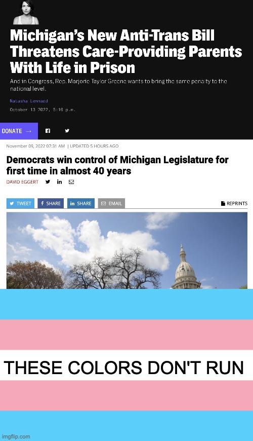 Turns out the republican's genocide against trans youths is not as popular as they thought. | THESE COLORS DON'T RUN | image tagged in trans flag,trans rights,lgbtq,michigan,election,midterms | made w/ Imgflip meme maker