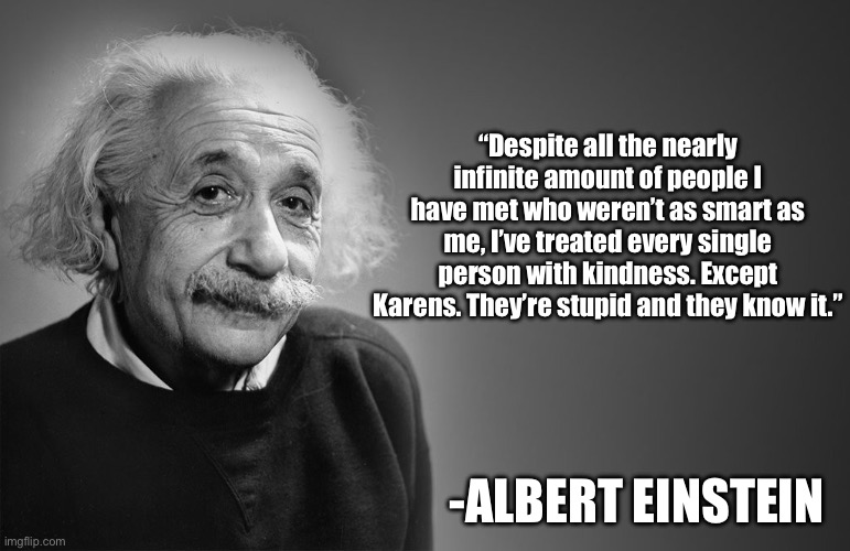 Image title | “Despite all the nearly infinite amount of people I have met who weren’t as smart as me, I’ve treated every single person with kindness. Except Karens. They’re stupid and they know it.”; -ALBERT EINSTEIN | image tagged in albert einstein quotes | made w/ Imgflip meme maker