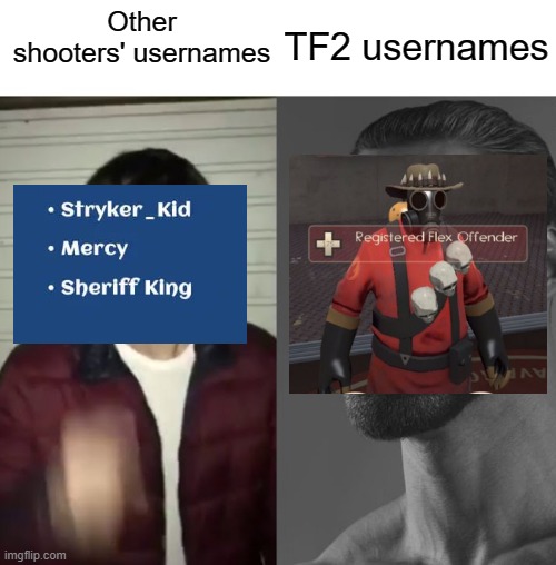 #savetf2 | Other shooters' usernames; TF2 usernames | image tagged in average fan vs average enjoyer | made w/ Imgflip meme maker
