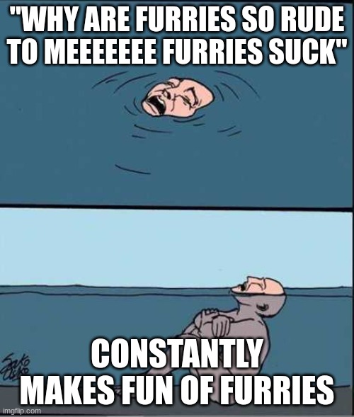 Seriously,yall haters are just not understanding life!If someone is rude to someone else,they are rude to that person | "WHY ARE FURRIES SO RUDE TO MEEEEEEE FURRIES SUCK"; CONSTANTLY MAKES FUN OF FURRIES | image tagged in crying guy drowning | made w/ Imgflip meme maker