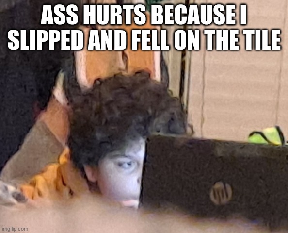 carlos or something staring at a computer | ASS HURTS BECAUSE I SLIPPED AND FELL ON THE TILE | image tagged in carlos or something staring at a computer | made w/ Imgflip meme maker