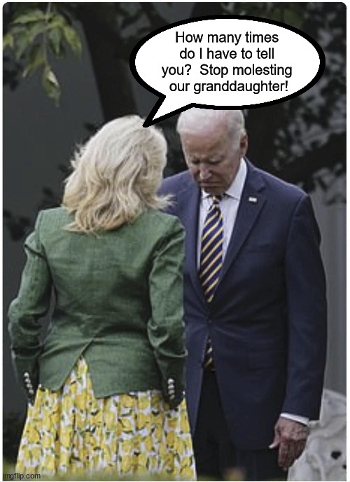 Jill scolds Joe Biden and he pouts | How many times 
do I have to tell 
you?  Stop molesting 
our granddaughter! | image tagged in jill scolds joe biden and he pouts | made w/ Imgflip meme maker