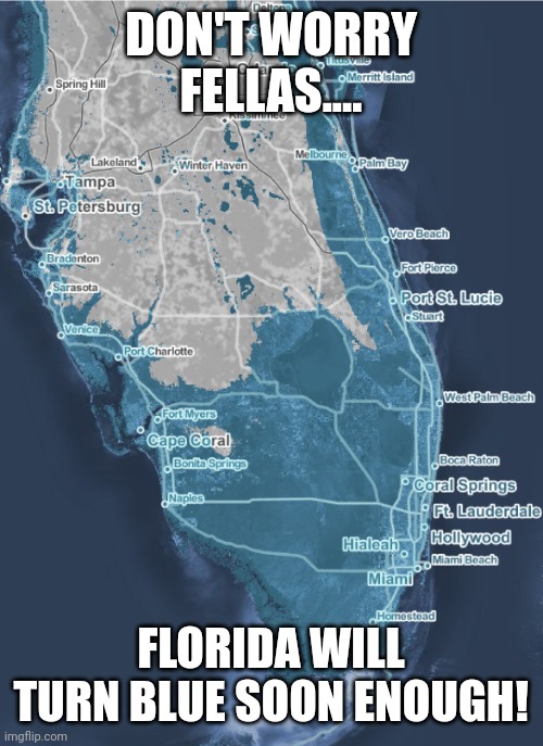 Blue Florida | DON'T WORRY FELLAS.... FLORIDA WILL TURN BLUE SOON ENOUGH! | image tagged in conservative,republican,climate change,democrat,liberal,global warming | made w/ Imgflip meme maker