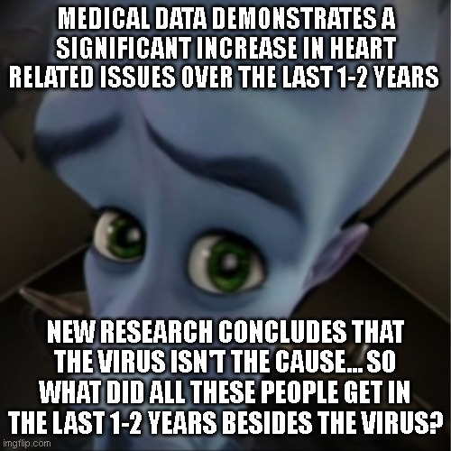 it bothers me that its going to be another several years and millions of deaths before people admit i was right | MEDICAL DATA DEMONSTRATES A SIGNIFICANT INCREASE IN HEART RELATED ISSUES OVER THE LAST 1-2 YEARS; NEW RESEARCH CONCLUDES THAT THE VIRUS ISN'T THE CAUSE... SO WHAT DID ALL THESE PEOPLE GET IN THE LAST 1-2 YEARS BESIDES THE VIRUS? | image tagged in megamind peeking | made w/ Imgflip meme maker