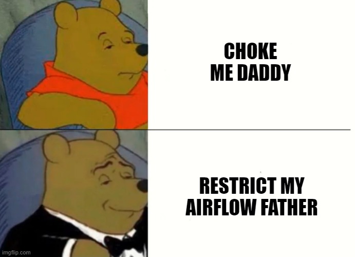 Fancy Winnie The Pooh Meme | CHOKE ME DADDY; RESTRICT MY AIRFLOW FATHER | image tagged in fancy winnie the pooh meme | made w/ Imgflip meme maker