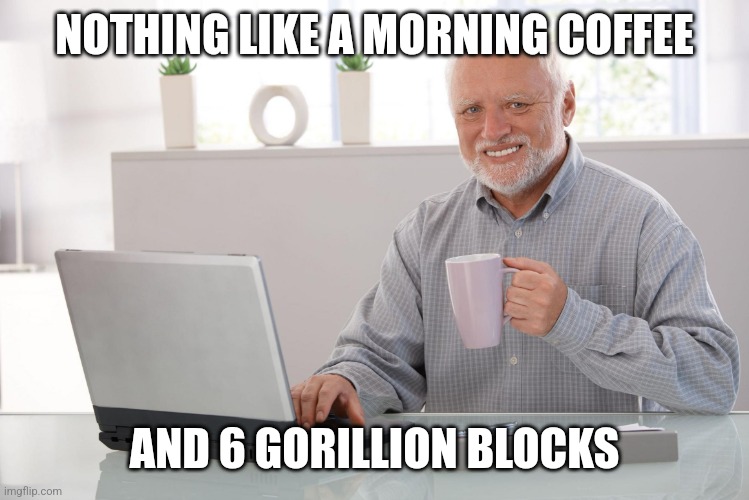 Old Man Using Computer | NOTHING LIKE A MORNING COFFEE; AND 6 GORILLION BLOCKS | image tagged in old man using computer | made w/ Imgflip meme maker