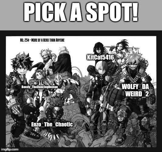 Pick a place | Enzo_The_Chaotic | image tagged in anime,mha | made w/ Imgflip meme maker