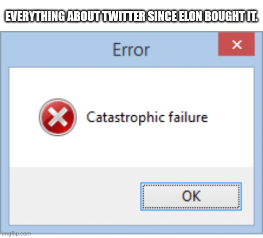Twitter fail | EVERYTHING ABOUT TWITTER SINCE ELON BOUGHT IT. | image tagged in catastrophic failure,twitter | made w/ Imgflip meme maker
