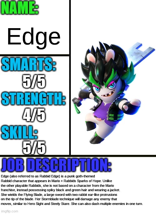 Edge | Edge; 5/5; 4/5; 5/5; Edge (also referred to as Rabbid Edge) is a punk goth-themed Rabbid character that appears in Mario + Rabbids Sparks of Hope. Unlike the other playable Rabbids, she is not based on a character from the Mario franchise, instead possessing spiky black and green hair and wearing a jacket. She wields the Flying Blade, a large sword with two rabbit ear-like protrusions on the tip of the blade. Her Stormblade technique will damage any enemy that moves, similar to Hero Sight and Steely Stare. She can also dash multiple enemies in one turn. | image tagged in antiboss-heroes template,rabbids,mario,mario and rabbids,edge,rabbid | made w/ Imgflip meme maker