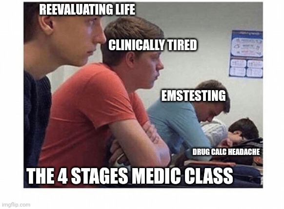 Paramedic class | REEVALUATING LIFE; CLINICALLY TIRED; EMSTESTING; DRUG CALC HEADACHE; THE 4 STAGES MEDIC CLASS | image tagged in class,students,medicine | made w/ Imgflip meme maker