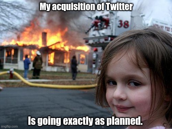 Disaster Girl | My acquisition of Twitter; Is going exactly as planned. | image tagged in memes,disaster girl | made w/ Imgflip meme maker