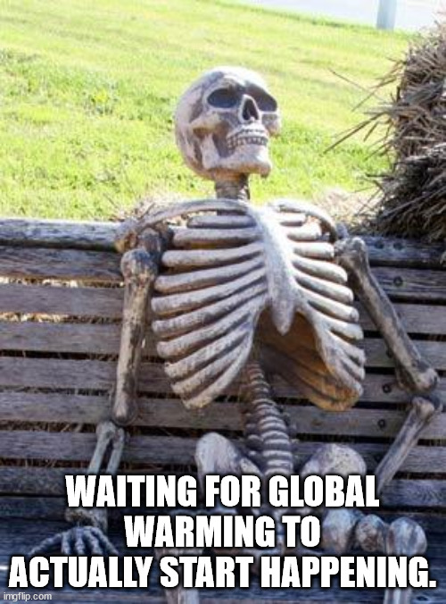 Waiting Skeleton Meme | WAITING FOR GLOBAL WARMING TO ACTUALLY START HAPPENING. | image tagged in memes,waiting skeleton | made w/ Imgflip meme maker