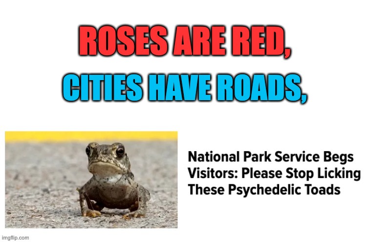 TODE | ROSES ARE RED, CITIES HAVE ROADS, | image tagged in memes,funny,animals,toads,roses are red,funny news | made w/ Imgflip meme maker