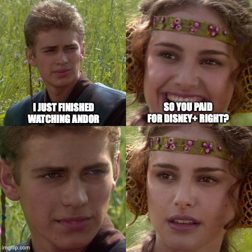 For my broke starters friends | I JUST FINISHED WATCHING ANDOR; SO YOU PAID FOR DISNEY+ RIGHT? | image tagged in anakin padme 4 panel,star wars,memes,funny,broke | made w/ Imgflip meme maker